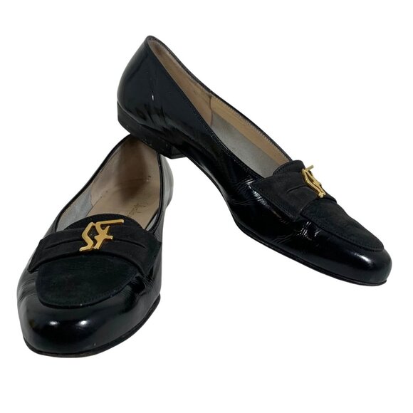Salvatore Ferragamo Black Patent Leather Suede Loafers Flats Gold Logo SZ 6.5 B - Picture 1 of 12